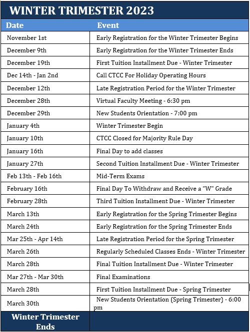 Winter 2023 Calendar of Events