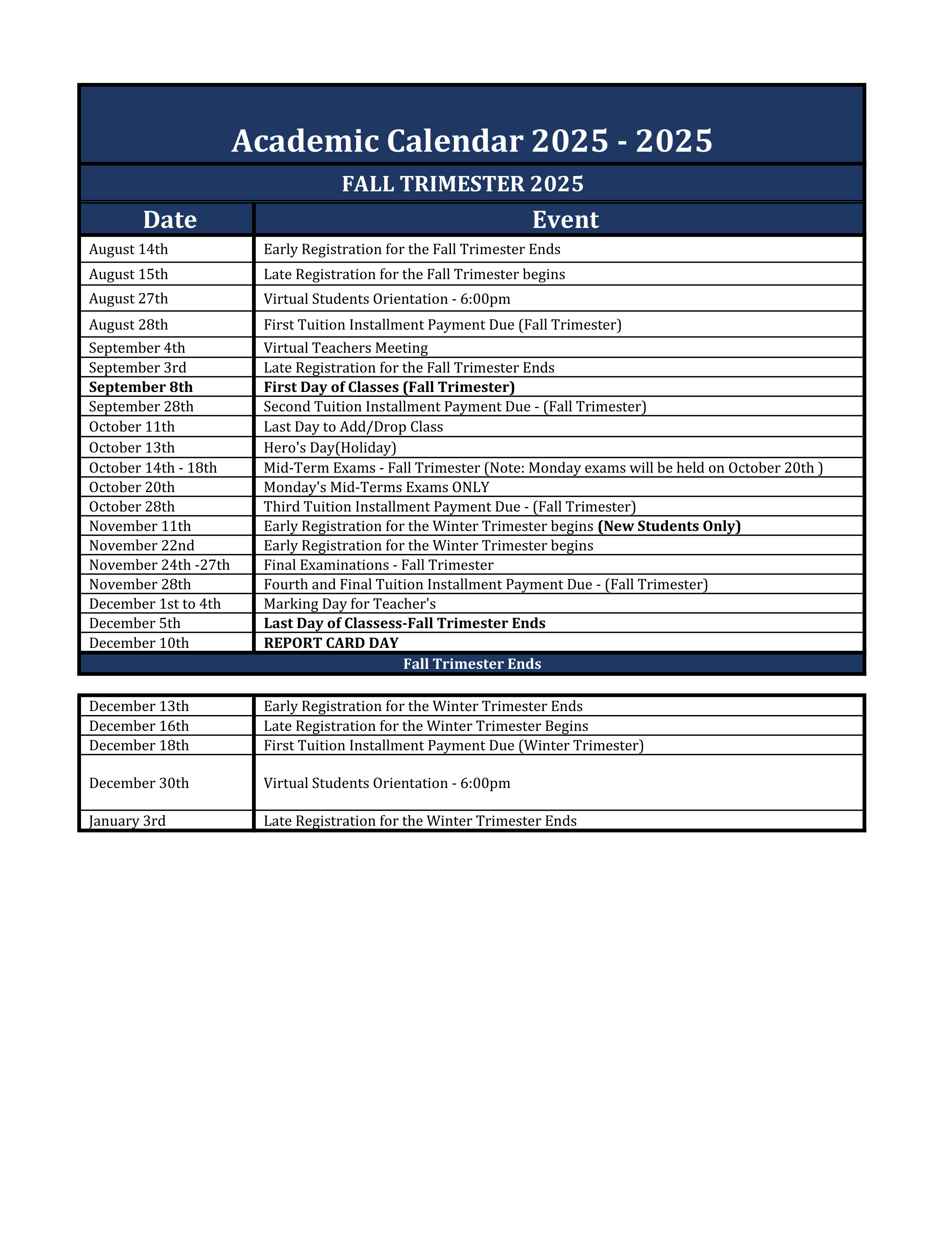 Fall 2025 Academic Calendar 
